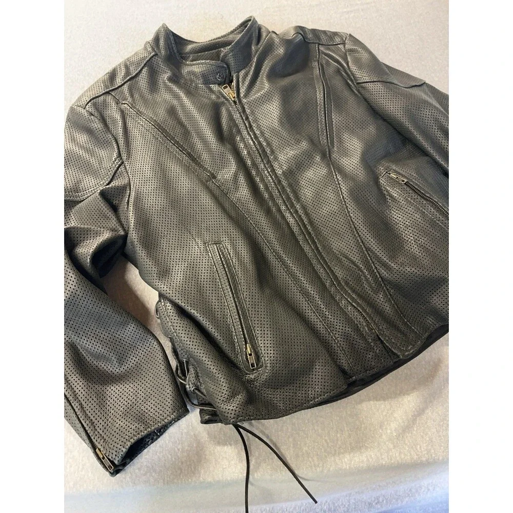 KERR MOTORCYCLE JACKET Biker MENS BLACK LEATHER SZ 52 Breathable Zip USA Lace Up
